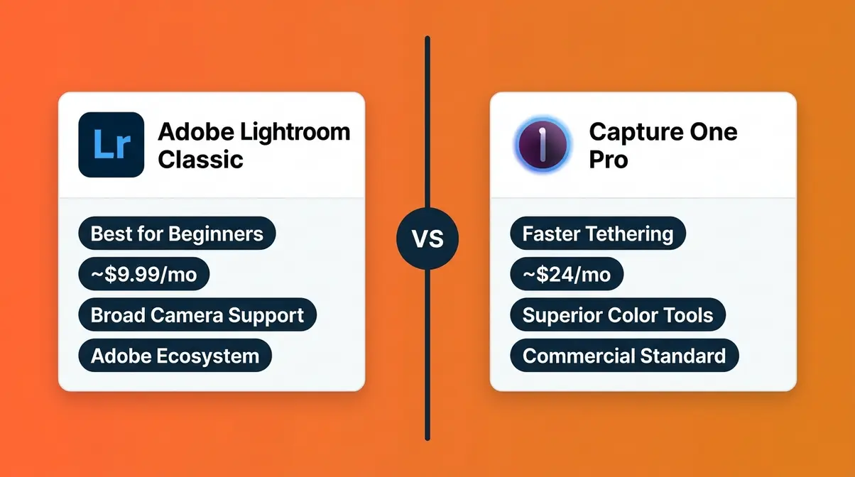 Adobe Lightroom Classic versus Capture One Pro tethering software comparison showing price, speed, and best use