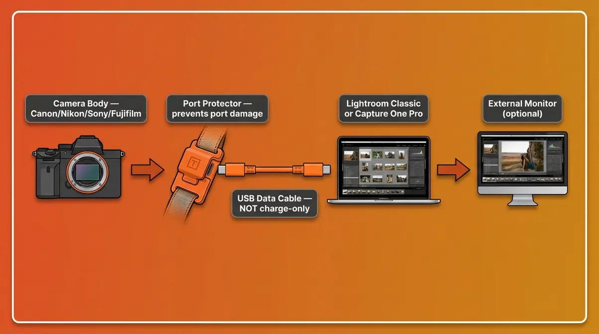 Anatomy of a tethered shooting setup showing camera, USB cable, port protector, and laptop labeled for beginners