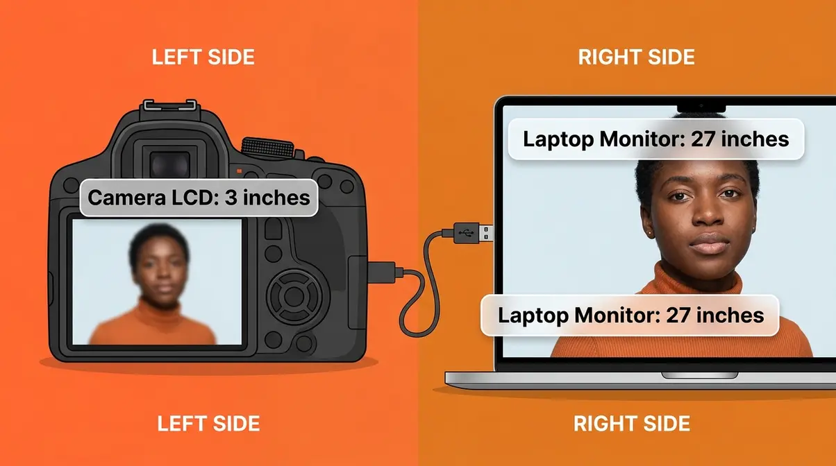 Tethered shooting concept showing small camera LCD versus large laptop monitor displaying the same photo