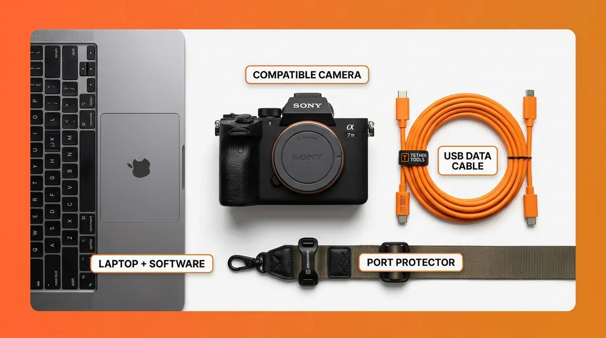 Tethered shooting gear checklist showing camera, USB data cable, port protector, and laptop components