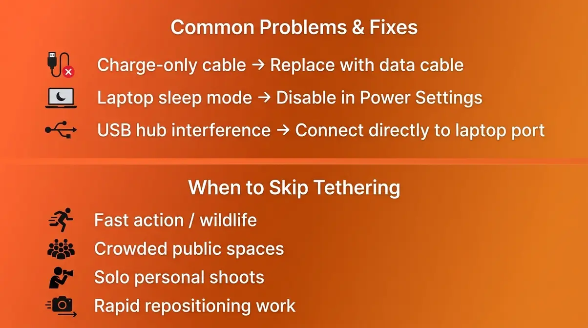 Common tethered shooting problems and fixes alongside scenarios where tethering is not the right choice