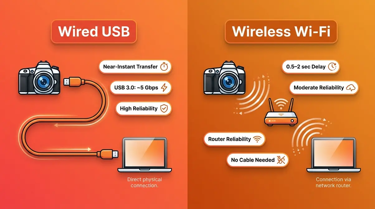 Wired versus wireless tethered shooting diagram comparing USB cable and Wi-Fi connection paths to laptop