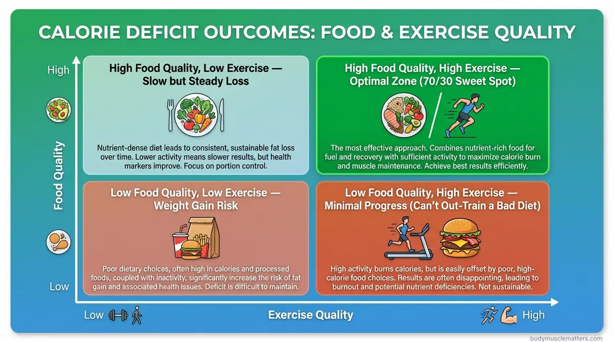 70/30 diet calorie deficit matrix chart showing food quality versus exercise balance and weight loss outcomes