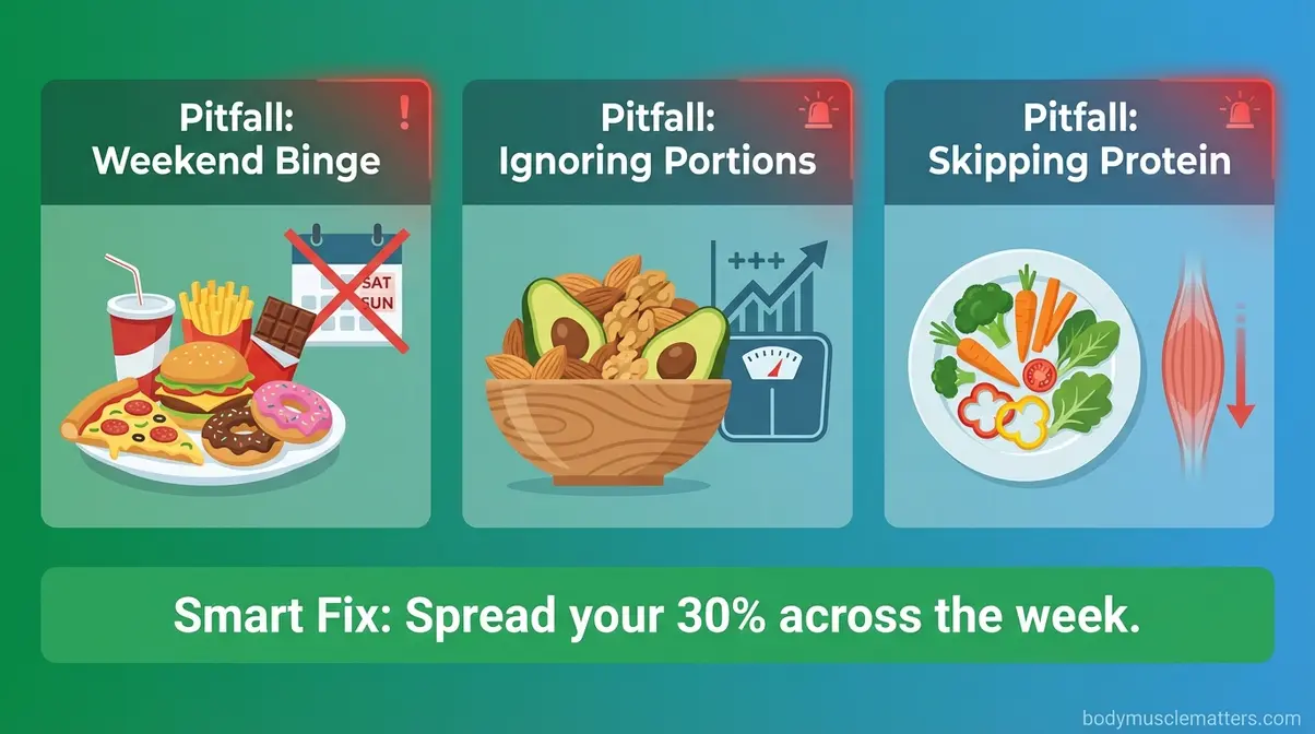 Three common 70/30 diet pitfalls including weekend binging ignoring portions and skipping protein