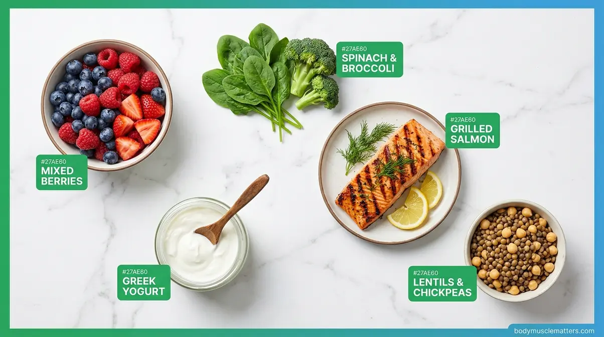 Best foods for the 70/30 diet — berries, salmon, Greek yogurt, leafy greens, and legumes
