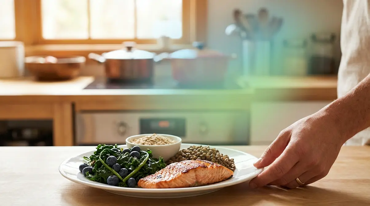 Heart-healthy 70/30 diet foods for seniors including salmon leafy greens berries lentils and oats