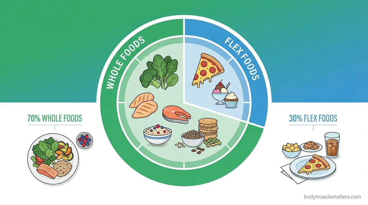 70/30 diet framework diagram showing whole foods versus flex food ratio for beginners