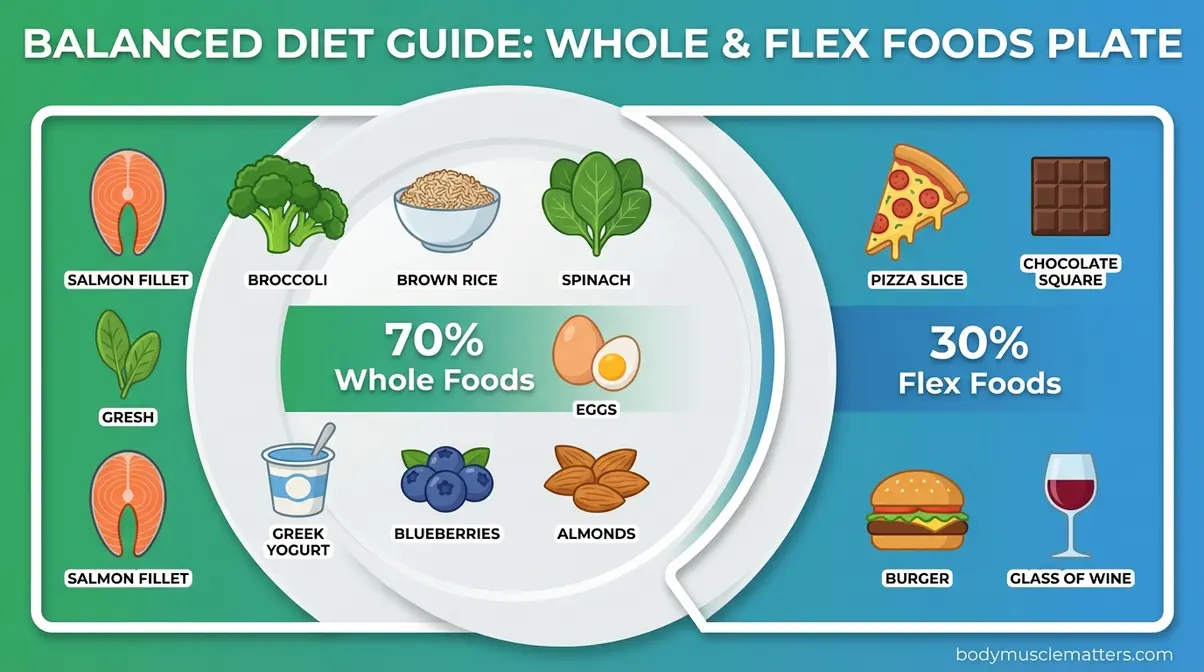 70/30 diet plate infographic showing 70 percent whole foods and 30 percent flex foods for weight loss beginners