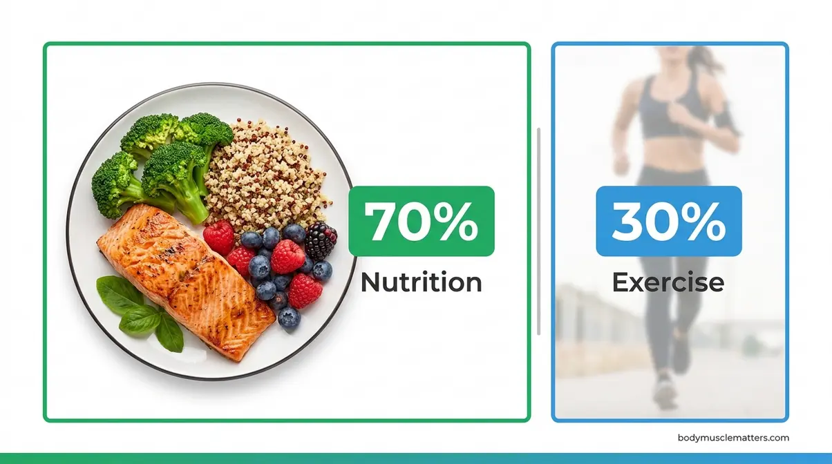 70/30 diet rule explained — 70% nutrition plate versus 30% exercise split visual