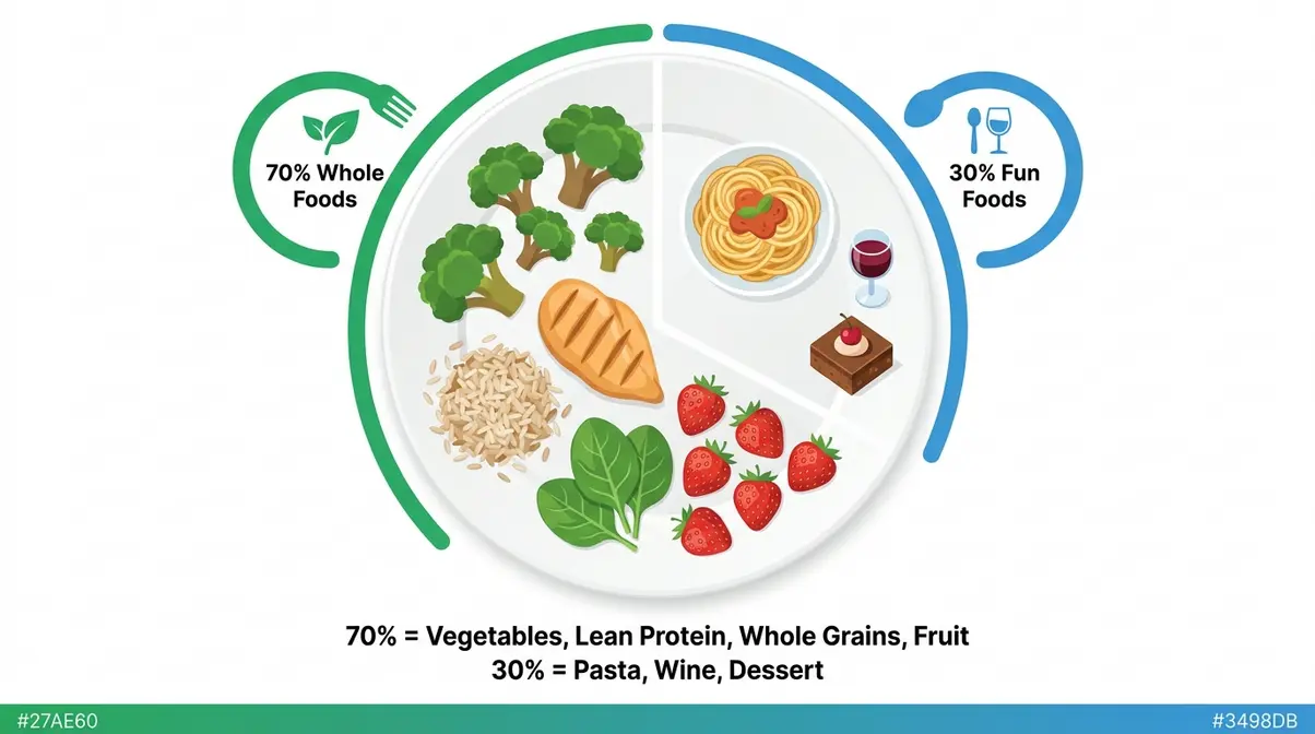 70/30 diet plate breakdown showing 70% whole foods and 30% fun foods on a divided dinner plate