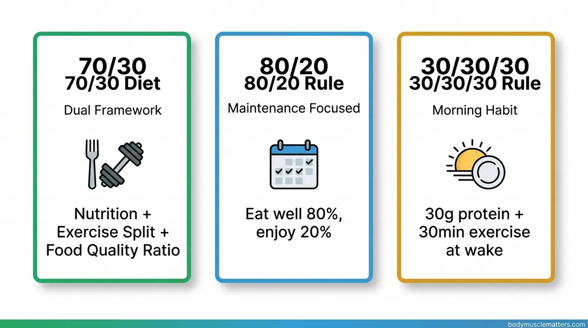 70/30 diet compared to 80/20 rule and 30/30/30 rule — side-by-side diet comparison visual