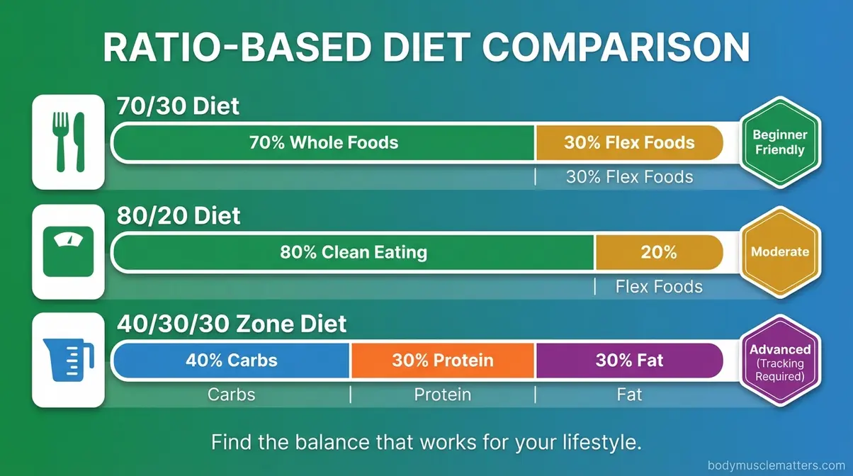 Ratio diet comparison chart showing 70/30 diet versus 80/20 diet versus 40/30/30 Zone diet for beginners