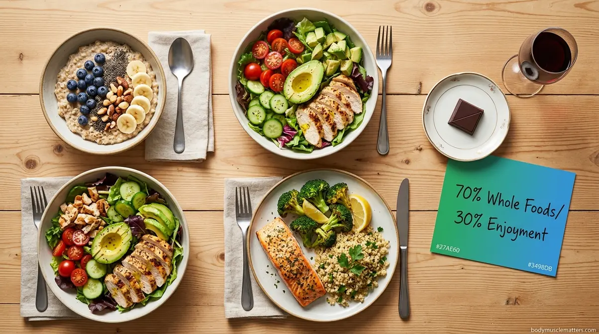 Whole foods moderation plate showing 70% nutrient-dense meals and 30% enjoyable daily foods