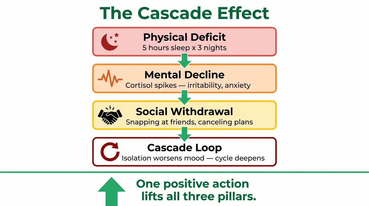 Flowchart showing the Cascade Effect — how poor sleep triggers mental decline then social withdrawal across the health triangle