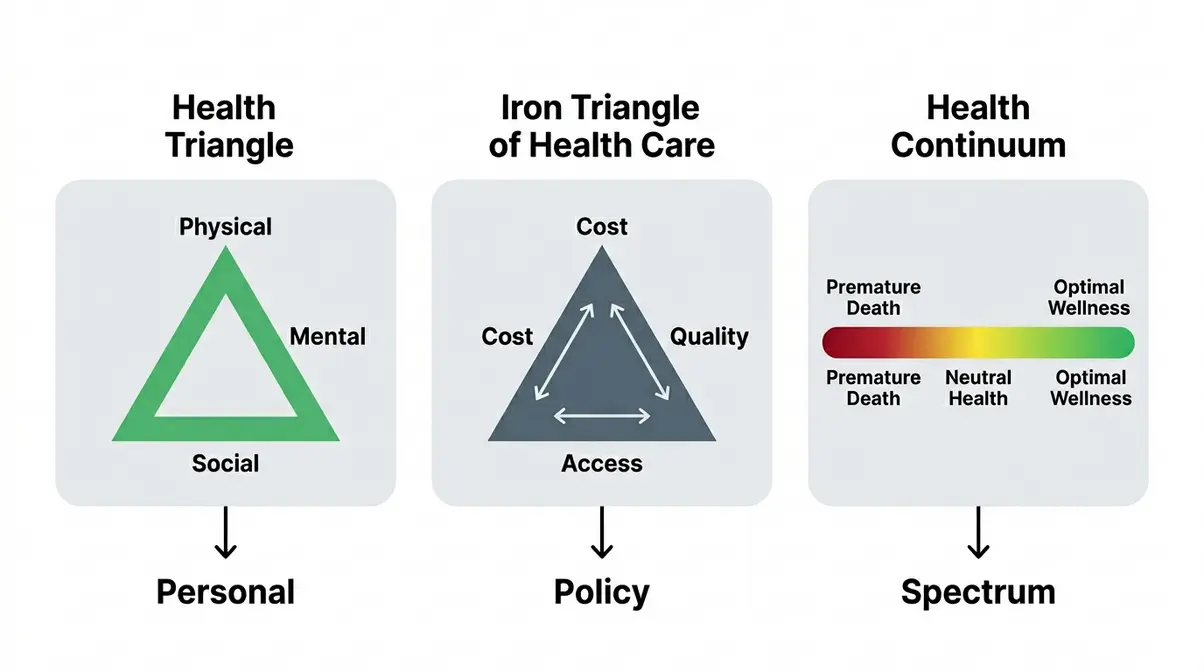 Comparison illustration of the health triangle, iron triangle of health care, and health continuum models side by side