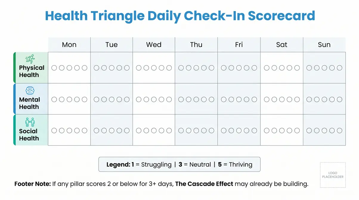 Printable health triangle daily scorecard for rating physical, mental, and social health from one to five each day