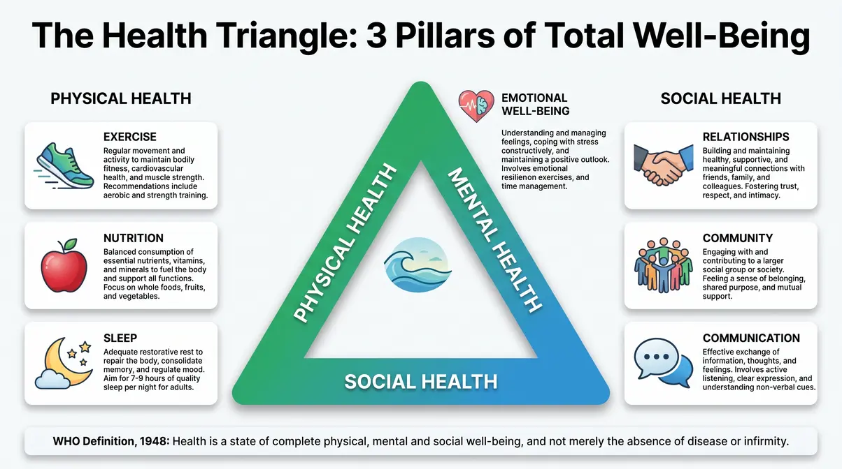Infographic of the health triangle showing physical, mental, and social health as equal sides with icons for each pillar