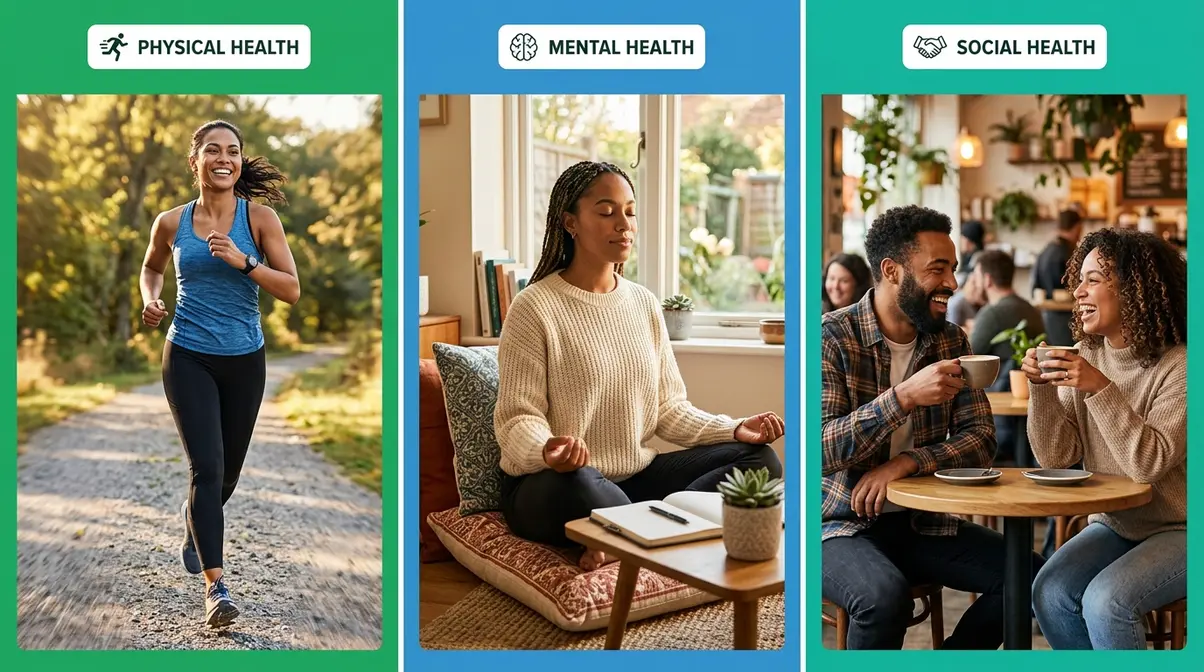 Three-panel illustration showing physical health, mental health, and social health as the pillars of the health triangle
