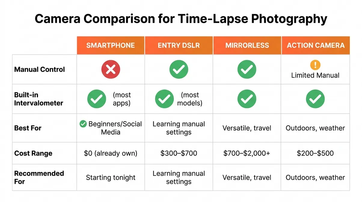 Comparison chart of smartphone vs DSLR vs mirrorless vs action camera features for time-lapse photography