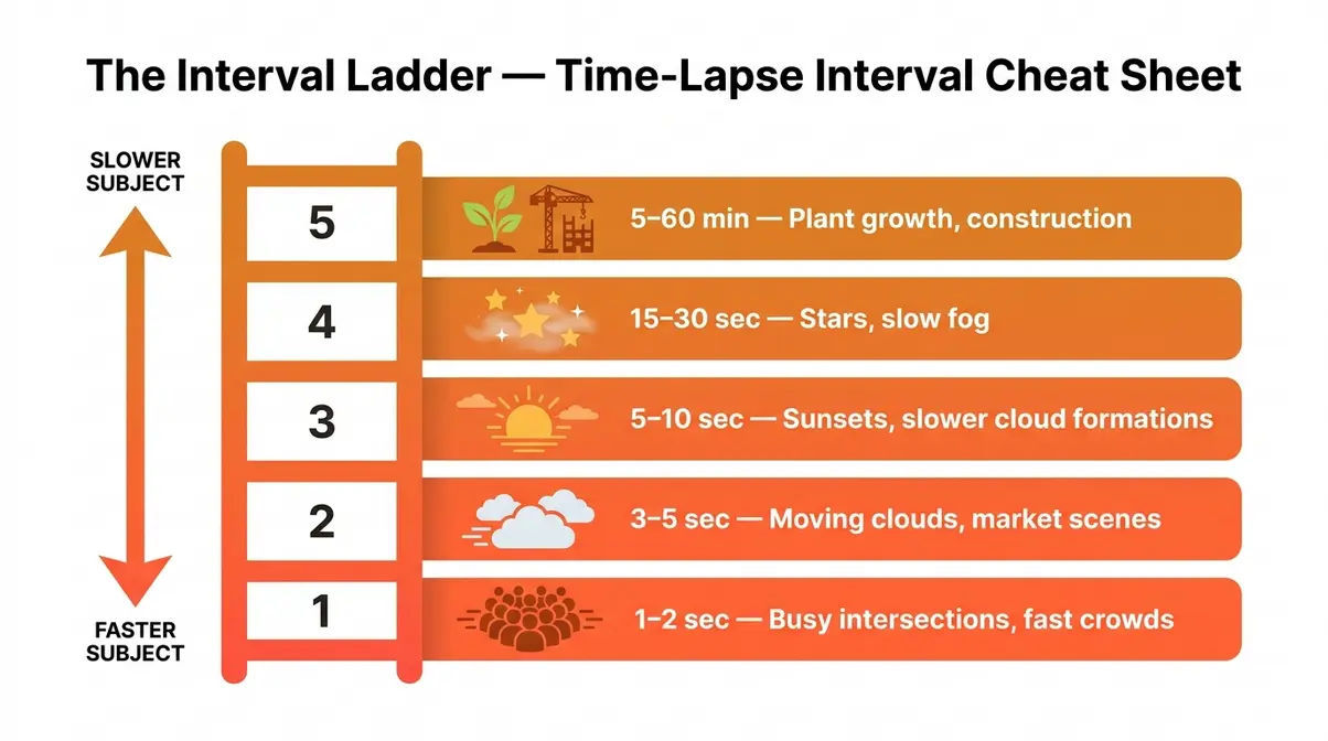 Interval Ladder infographic showing time-lapse interval settings from 1 second for crowds to 60 minutes for construction