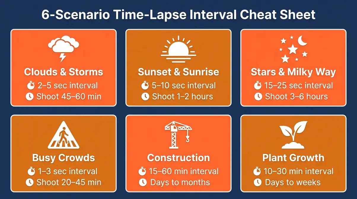 Time-lapse interval cheat sheet showing six scenarios from clouds to construction with recommended settings and durations