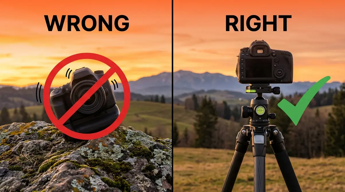 Time-lapse photography mistake comparison showing camera without tripod versus properly mounted camera on stable tripod