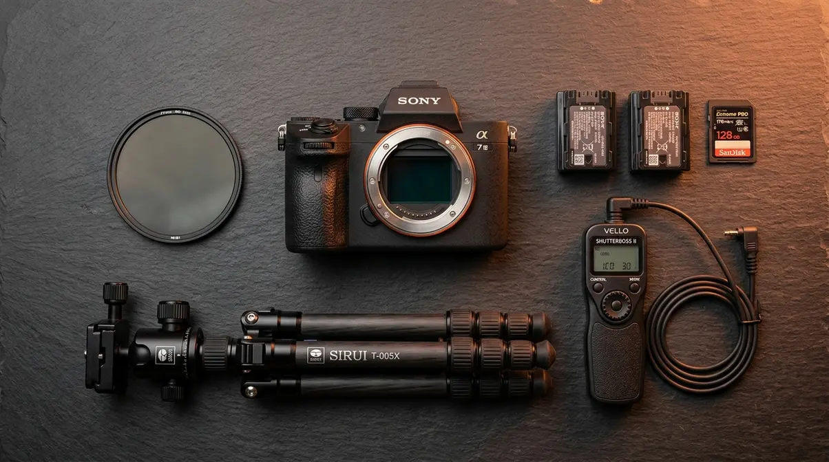 Flat-lay of essential time-lapse photography gear including camera, tripod, intervalometer, batteries, and ND filter