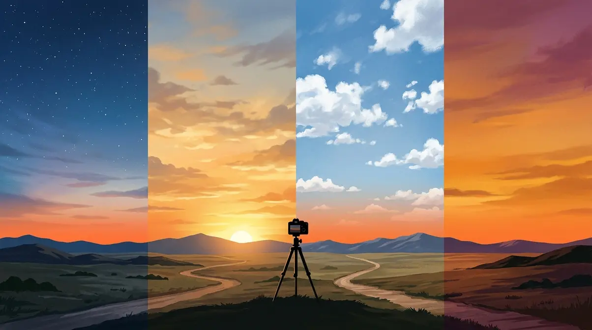 Time-lapse photography concept showing sky transitioning from dawn to sunset in a single compressed frame