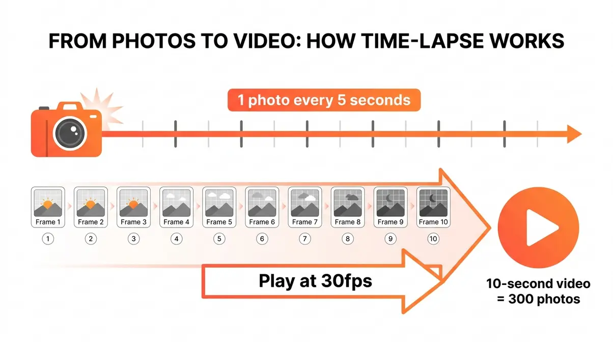 Diagram showing 300 still photos taken at intervals combining into a 10-second time-lapse video at 30fps