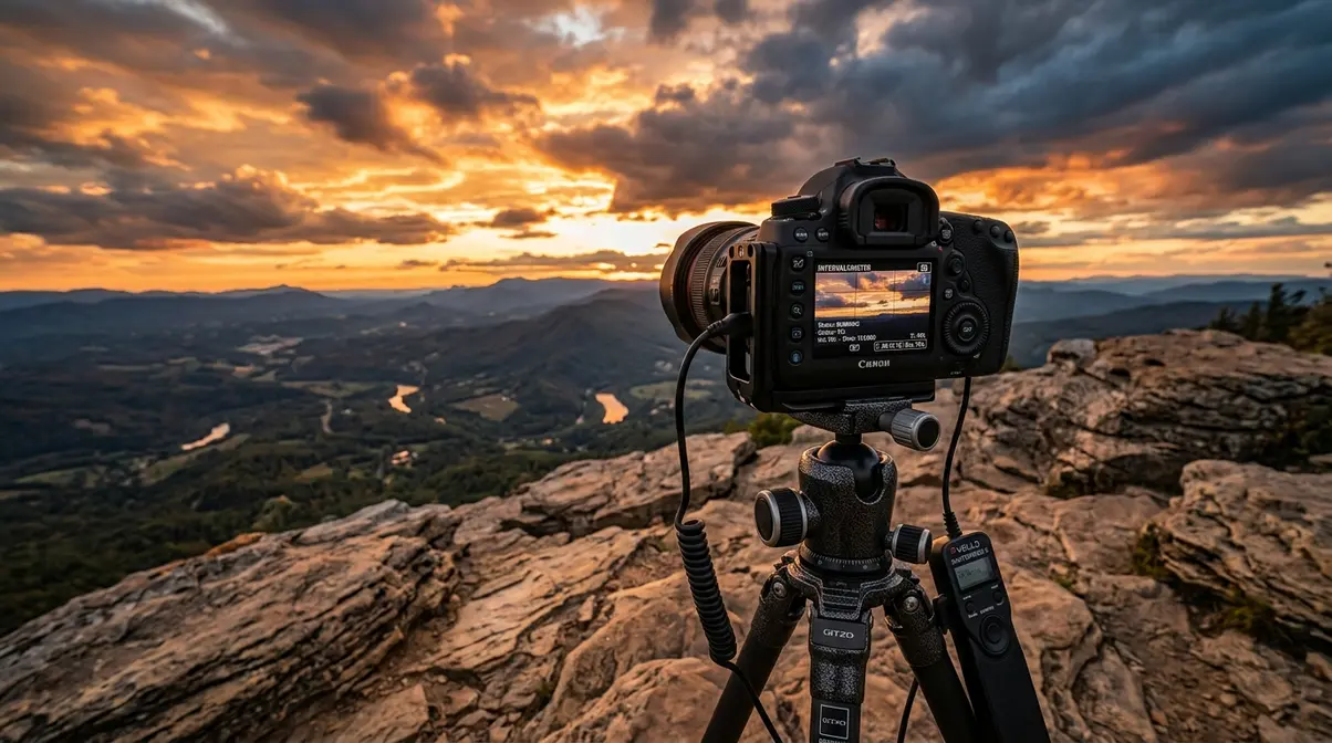 Camera on tripod with intervalometer set up for time-lapse photography shoot at golden hour overlook