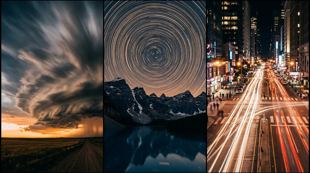 Three time-lapse photography subjects — storm clouds, star trails, and city traffic light trails at night