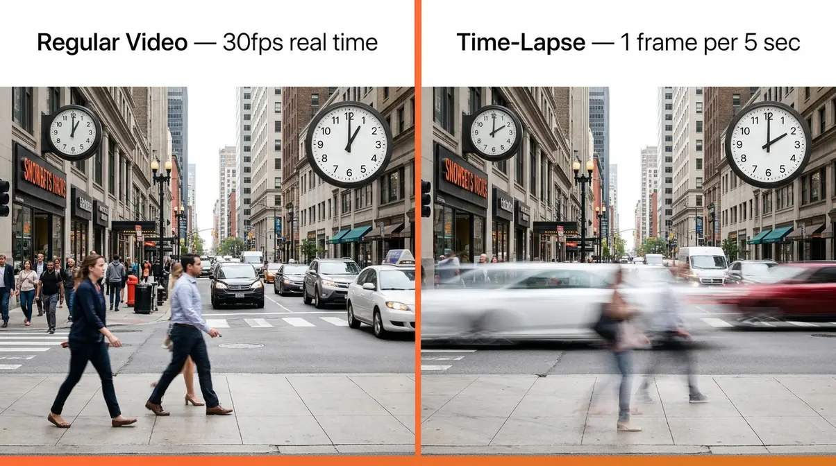 Side-by-side comparison of regular video versus time-lapse photography showing motion compression effect on a city street