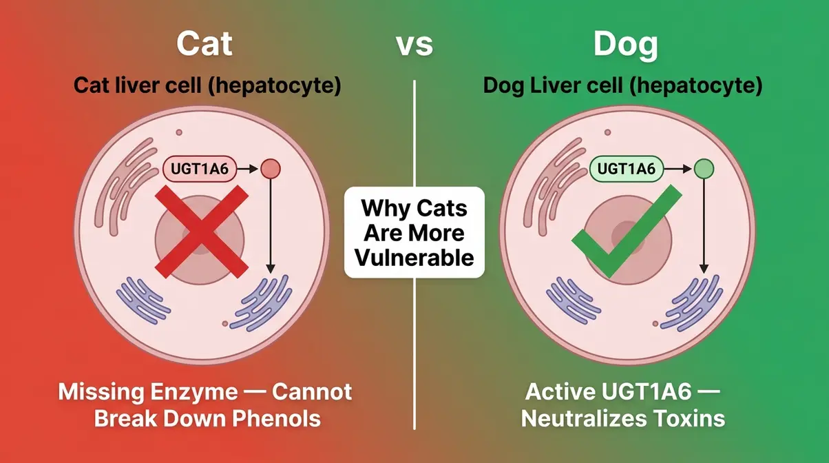 Medical diagram comparing cat and dog liver enzyme pathways showing why cats lack UGT1A6 glucuronidation ability