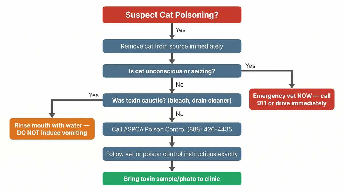 Emergency flowchart for cat poisoning response showing step-by-step decisions for different toxin types including caustic chemicals and plants