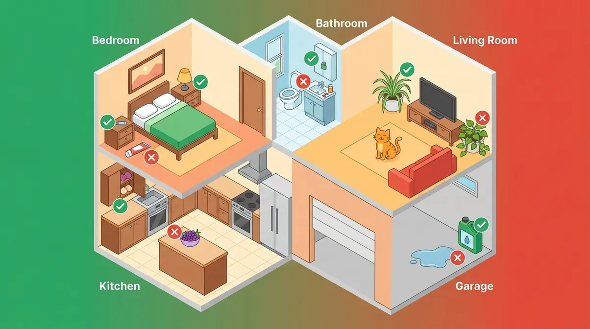 Isometric home cross-section showing room-by-room cat safety audit with green safe zones and red hazard markers in each room