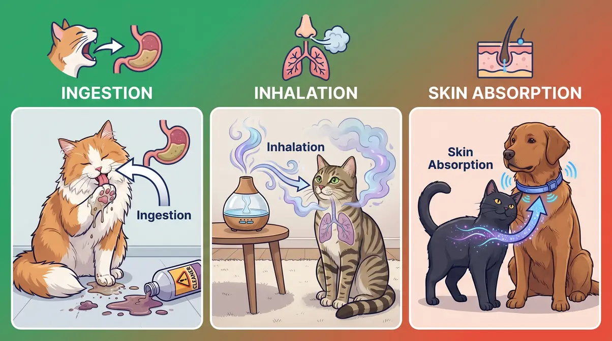 Infographic showing three cat toxin exposure routes: ingestion through grooming, inhalation from diffusers, and skin absorption from contact