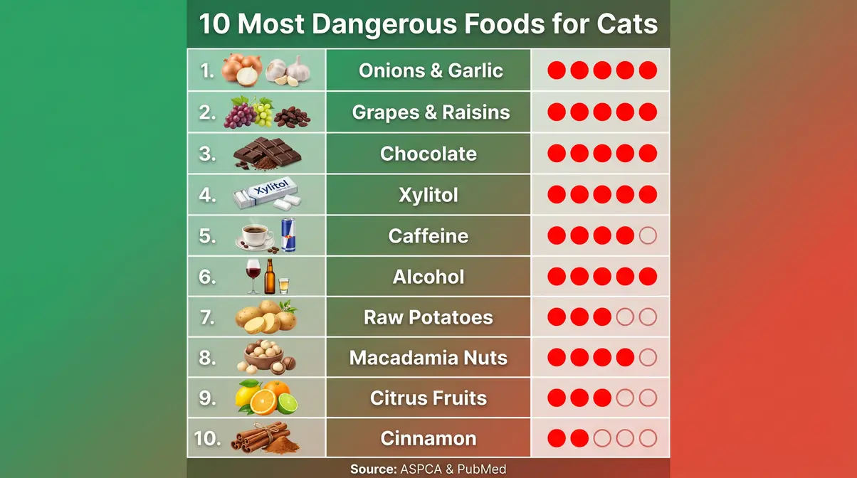 Infographic of 10 most dangerous human foods for cats including onions, grapes, chocolate, and xylitol with severity ratings