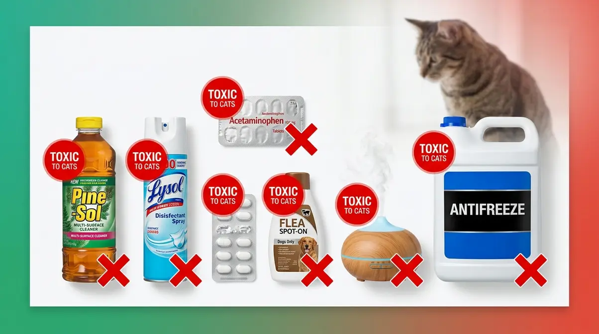 Common household chemical hazards for cats including Pine-Sol, acetaminophen, dog flea treatment, essential oil diffuser, and antifreeze