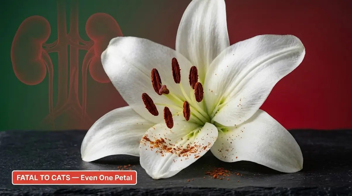 Easter lily with fatal toxicity warning badge showing kidney danger to cats from even one petal or pollen contact