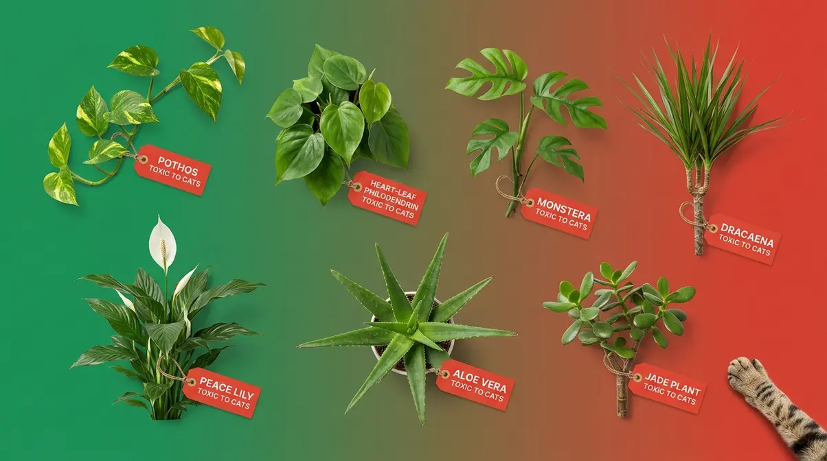 Seven common toxic houseplants including pothos, philodendron, and peace lily arranged with warning tags for cat owners