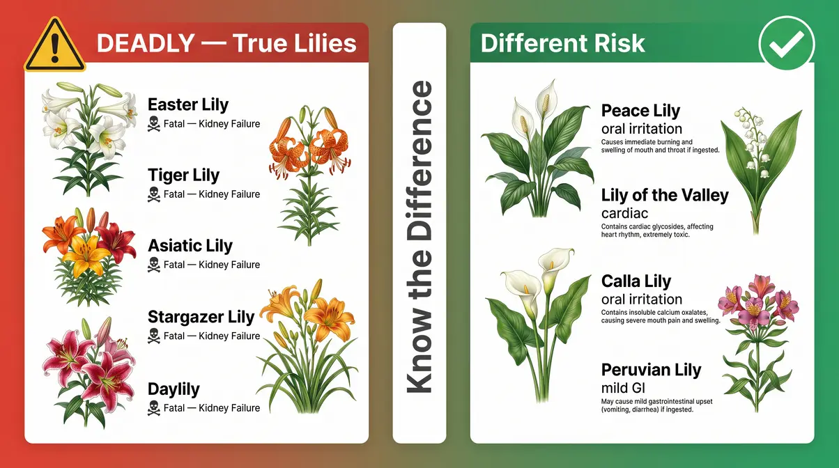 Comparison chart of deadly true lily varieties versus non-true lilies with different toxicity risks for cats