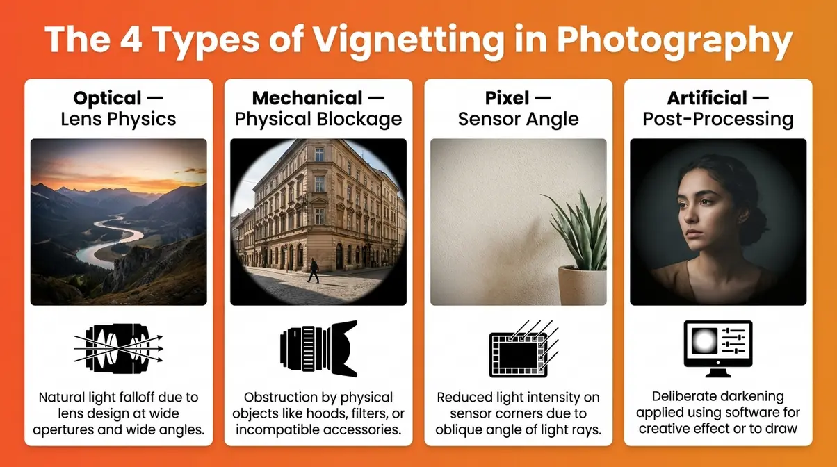 Infographic showing four types of vignetting in photography: optical, mechanical, pixel, and artificial with example photos