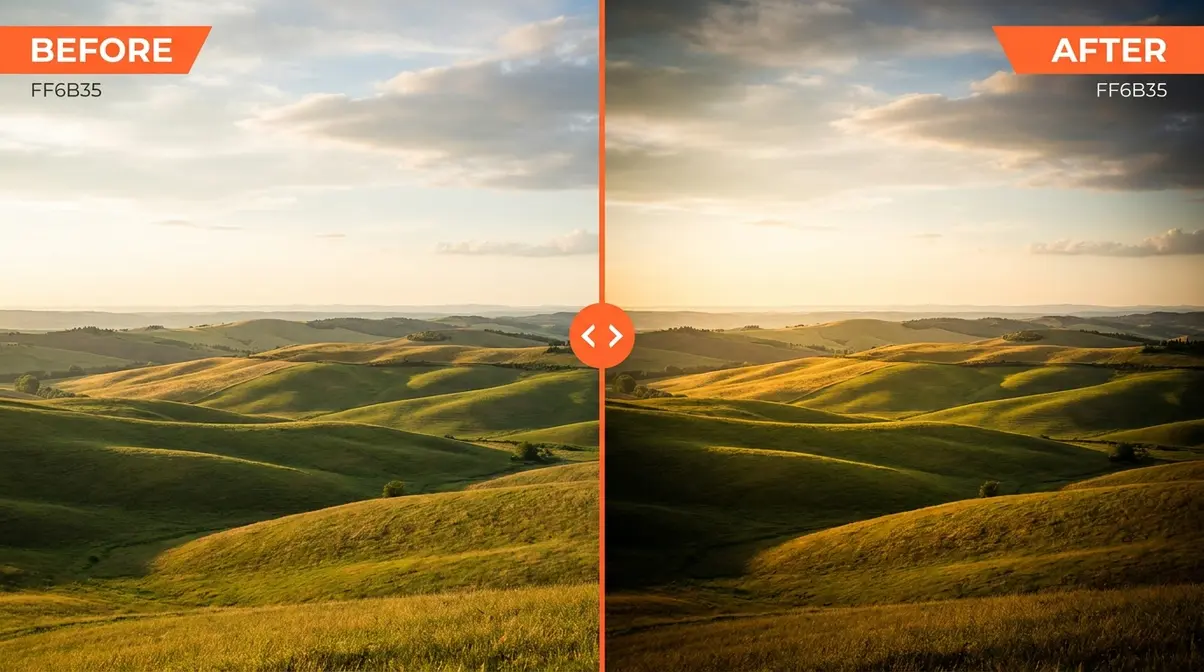 Before and after comparison of landscape photo with and without vignetting showing moody film-like aesthetic
