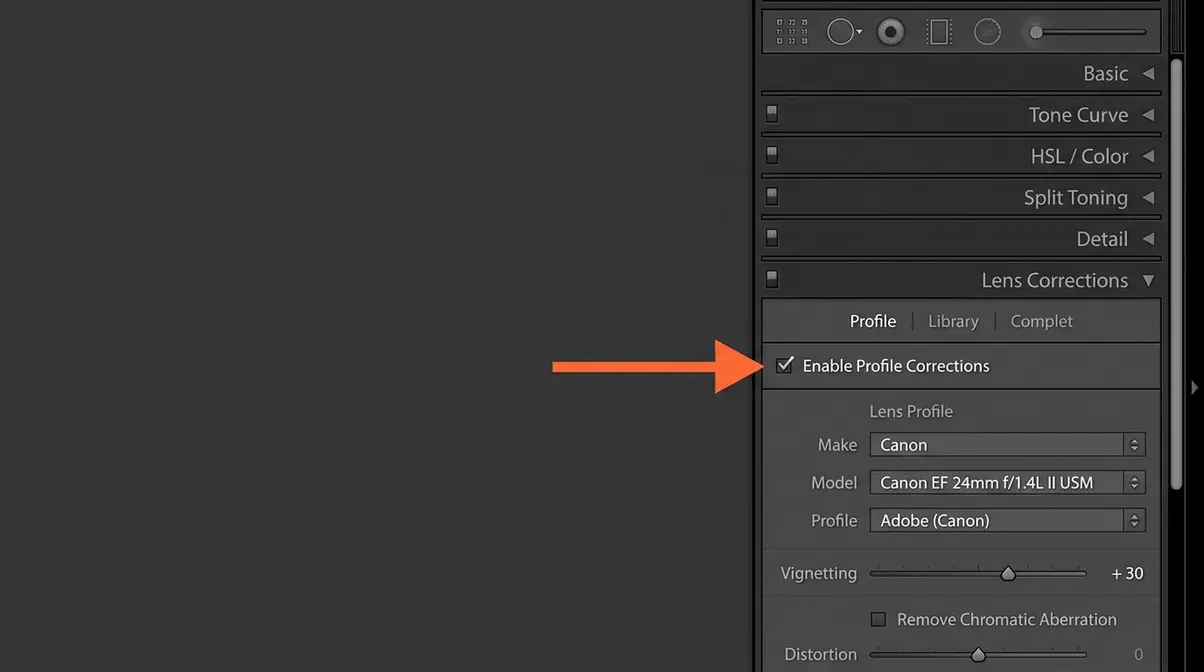 Screenshot of Lightroom Lens Corrections panel showing Enable Profile Corrections checkbox for removing vignetting in photography