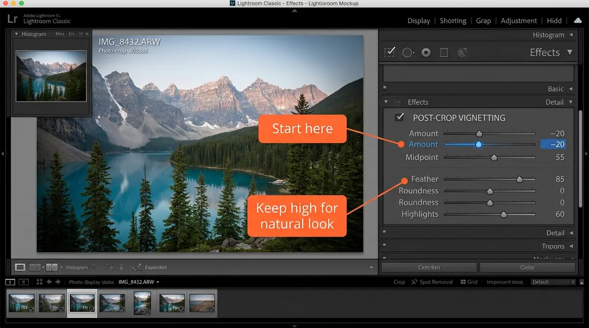 Lightroom Effects panel showing Post-Crop Vignetting sliders for adding creative vignette to a photo