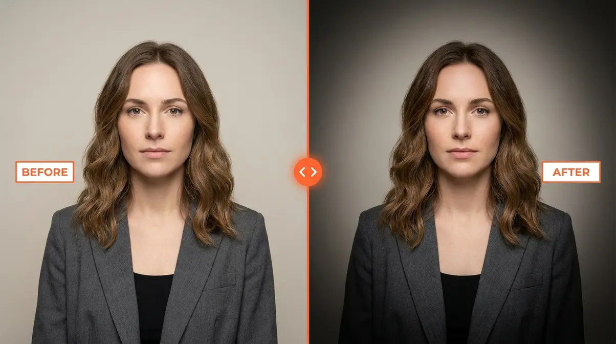 Before and after comparison showing vignetting in photography applied to a portrait, directing viewer attention to the subject's face
