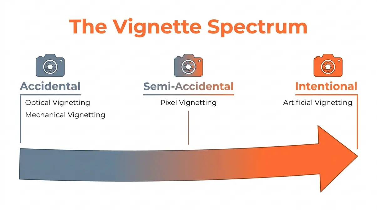 Diagram showing vignetting spectrum from accidental optical vignetting to intentional artificial vignetting in photography