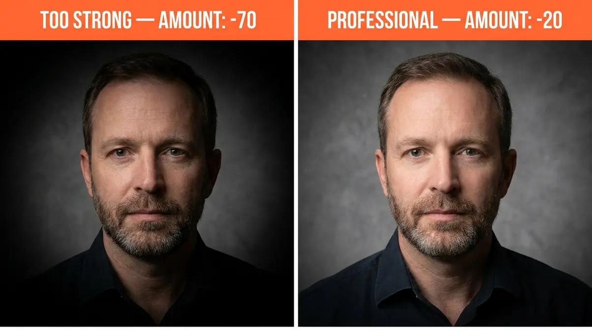 Side-by-side comparison showing overdone vignetting versus subtle professional vignette in photography