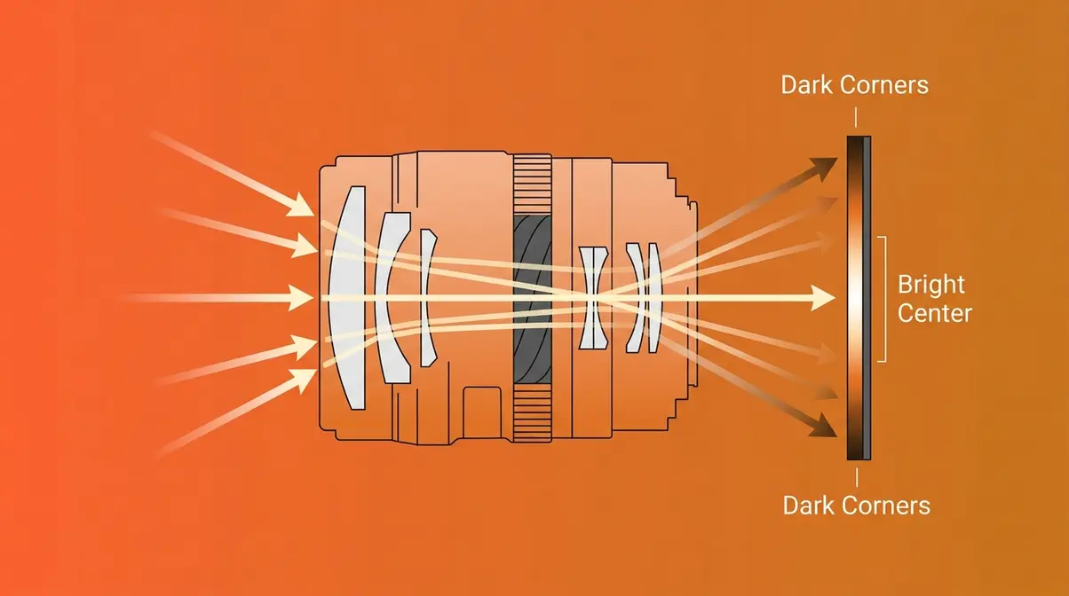Diagram showing how vignetting in photography causes dark corners from light falloff through a camera lens