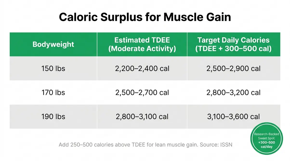 Caloric surplus table for muscle gain showing daily calorie targets by bodyweight